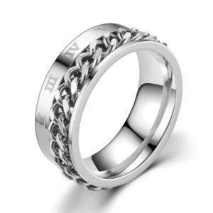 Stainless Steel Spinner Ring Chain Band Roman Numeral Silver